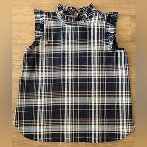 LOFT Navy Plaid Ruffle Top